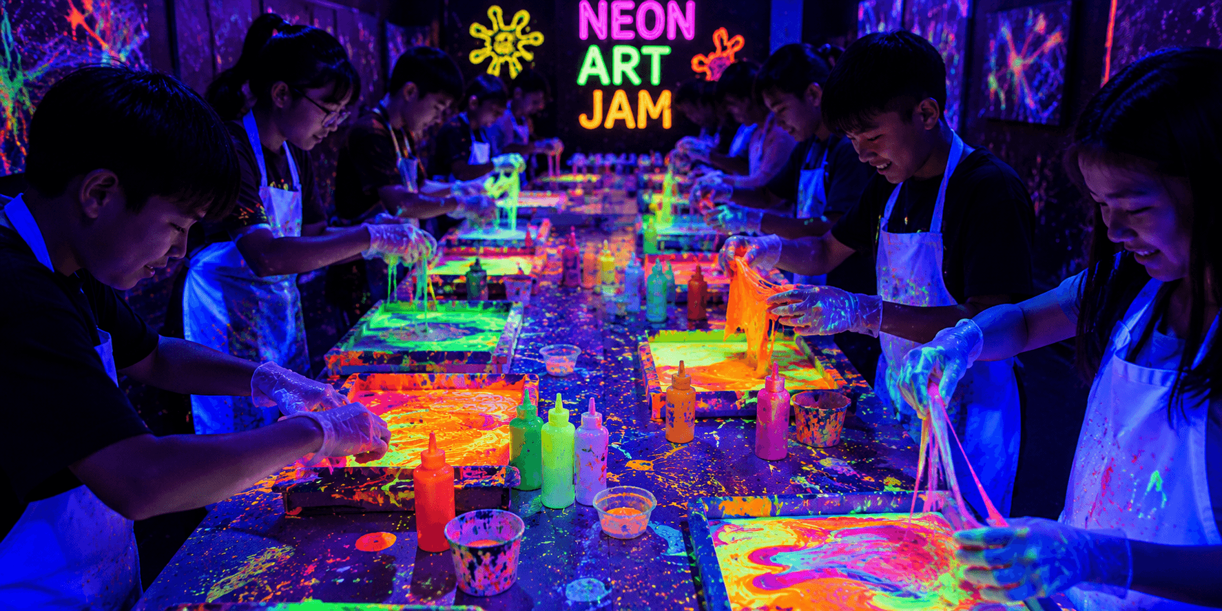 Guest painting under UV light at Neon Slime Art Jam