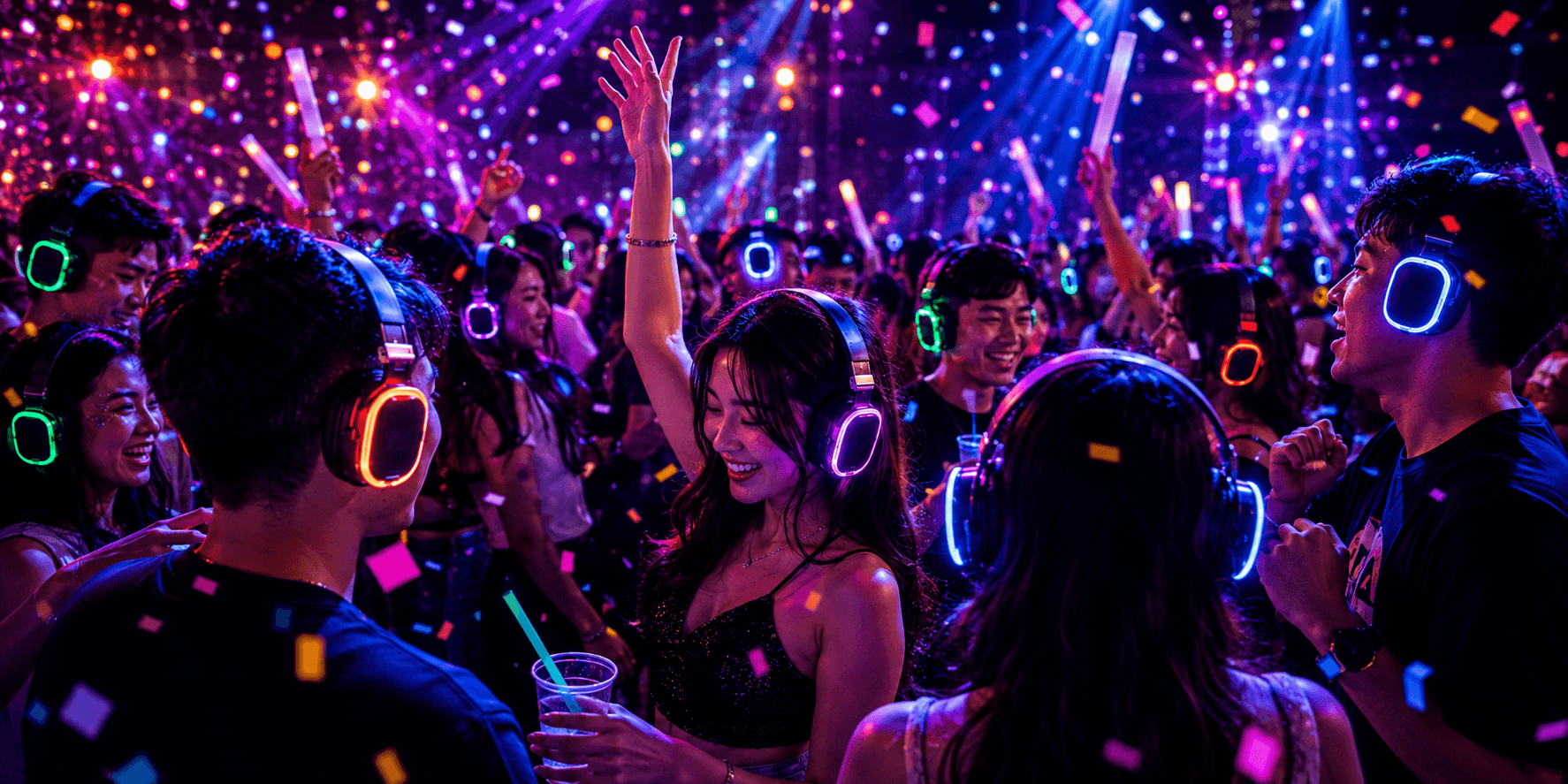Dancers wearing glowing silent disco headphones